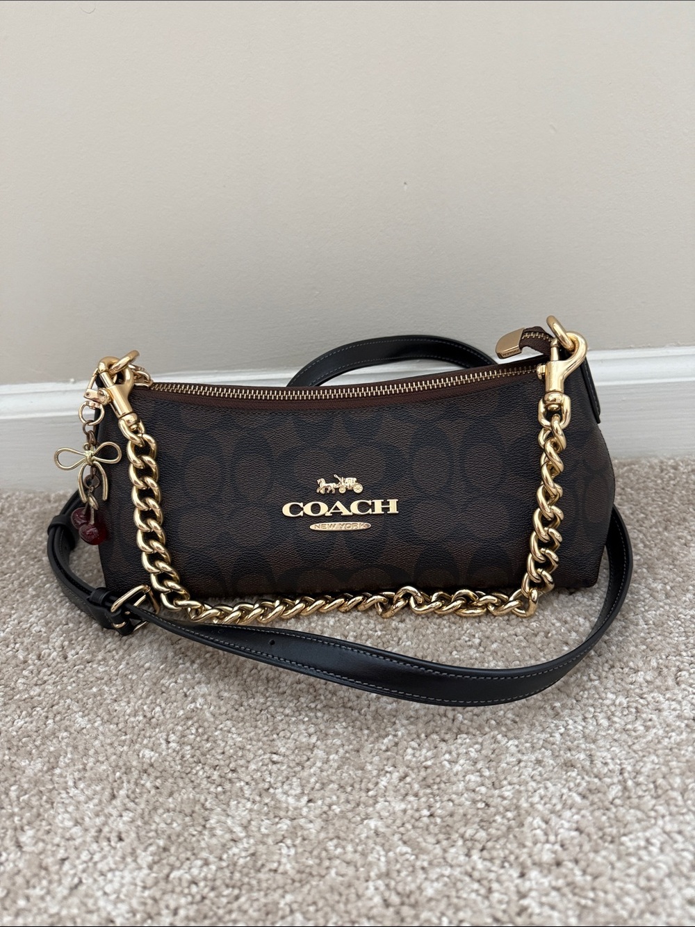 Coach Signature Canvas Charlotte Shoulder Mini Bag Brown Black w Gold Chain